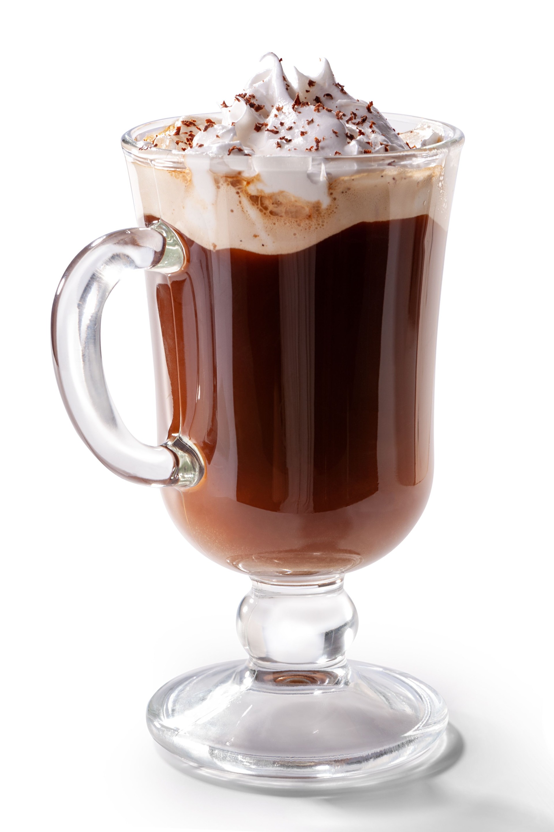 glass of Viennese coffee topped with whipped cream   close-up isolated on white background